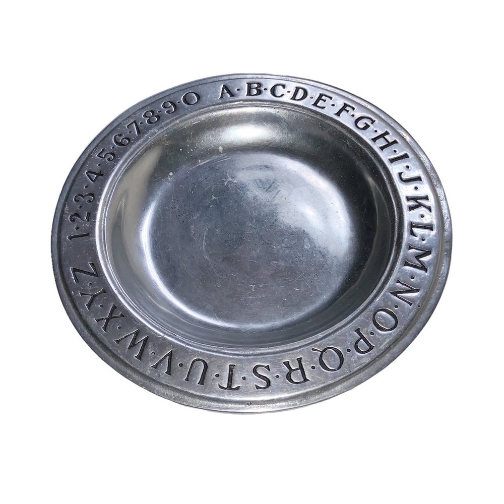 Vintage Wilton Pewter ABC 123 Child's Plate Bowl Round 70’s Alphabet Numbers 9”